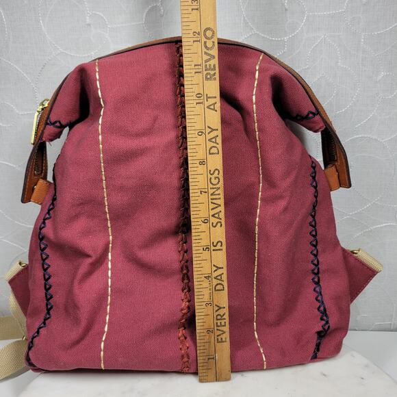 GILI Embroidered Canvas Backpack 13" Red Tan Leather Trim Adj Straps‎ Zipper - Picture 8 of 16